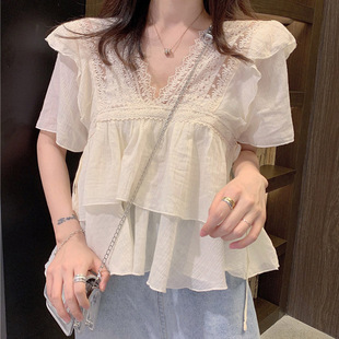 蕾丝花边上衣设计感女小众2025夏季 女 复古V领荷叶边短袖 雪纺衬衫