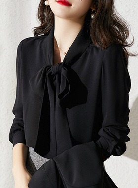 法式黑色飘带雪纺衬衫女春装新款OL气质蝴蝶结上衣职业装长袖衬衣