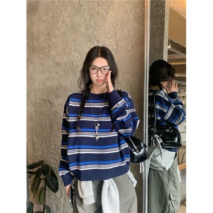 蓝色条纹圆领套头针织衫女秋冬新款韩版撞色宽松慵懒休闲百搭毛衣