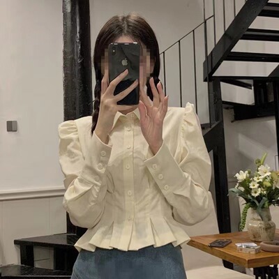 春秋法式复古短款收腰衬衫女设计感小众别致独特泡泡袖小个子上衣