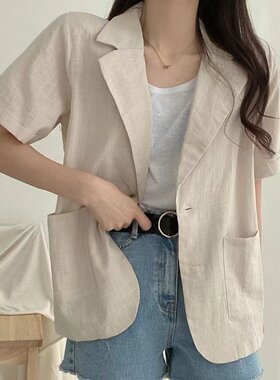 韩国chic春夏法式小众两粒扣宽松显瘦百搭短袖棉麻翻领西装外套女