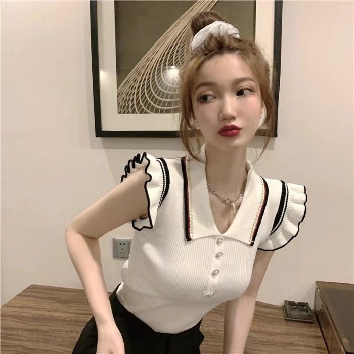 小飞袖上衣夏冰丝薄款针织翻领外穿吊带荷叶边小香风无袖背心女