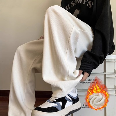 裤子男秋冬潮牌宽松直筒阔腿灯芯绒休闲oversize长裤加绒白色卫裤