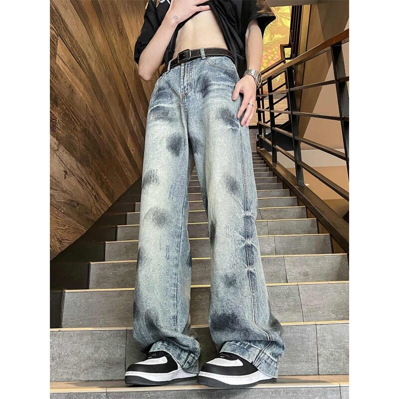 美式牛仔裤男高街百搭宽松直筒裤潮牌水洗做旧痞帅炸街脏脏男裤子