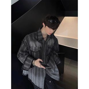 jmhomme 高级感条纹衬衫男秋冬款韩版宽松潮流设计感长袖衬衣外套