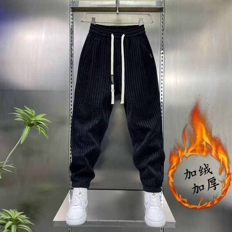 秋冬季加绒加厚卫裤男痞帅简约大码弯刀裤潮流休闲运动束脚裤男