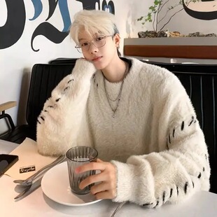 仿貂绒美式圆领毛衣男生秋冬季韩系慵懒风针织衫欧美范高级感外套