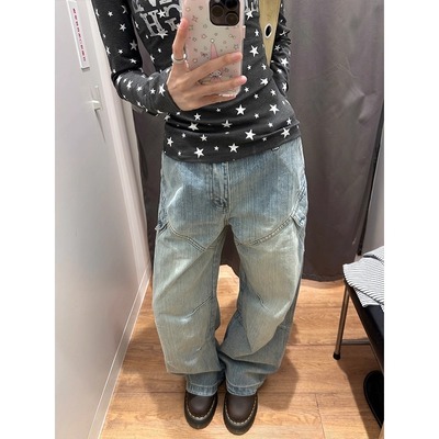 高级感竹节纹牛仔裤女宽松直筒裤子美式覆古阔腿裤垂感长裤男