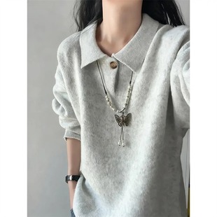 休闲百搭高级感翻领打底衫 美式 长袖 秋冬新款 上衣 复古针织Polo衫