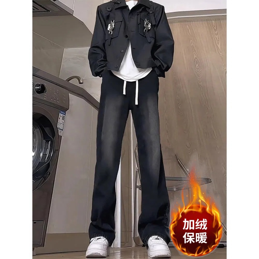 629-1原版质量加绒黑色微喇牛仔裤