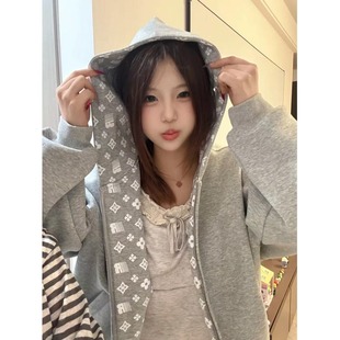 宽松连帽开衫 美式 春秋款 2025新款 拉链外套 高街水洗做旧卫衣女春季