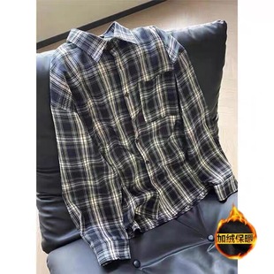 春秋冬季 男女长袖 宽松休闲情侣加绒加厚衬衣外套 复古格子衬衫 美式