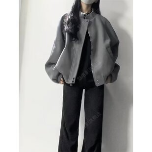 2025新款日常青少年长袖美式灰色立领毛呢外套男款秋冬常规款拉链