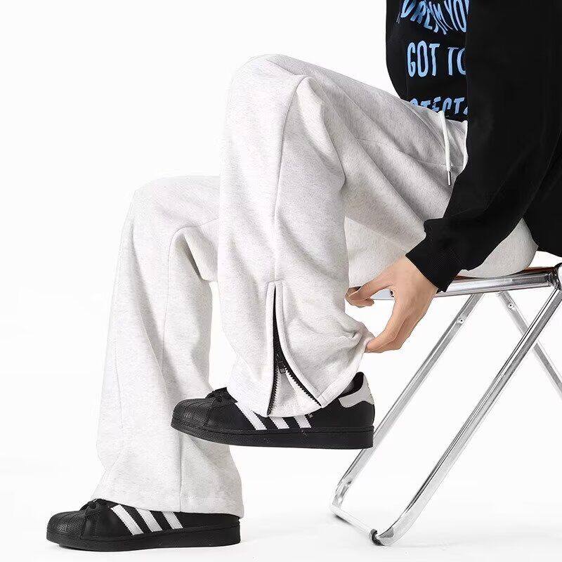 白灰色弯刀卫裤男款春夏美式侧边拉链微喇裤子直筒斜切休闲长裤潮