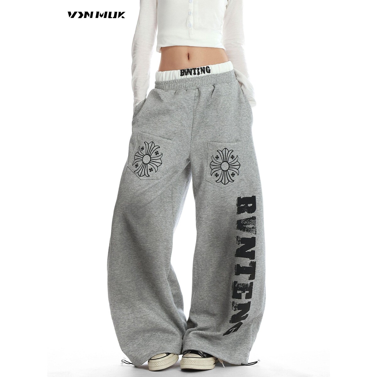 VINMUK美式街头风字母印花双腰头运动卫裤女秋冬爵士舞百搭弯刀裤