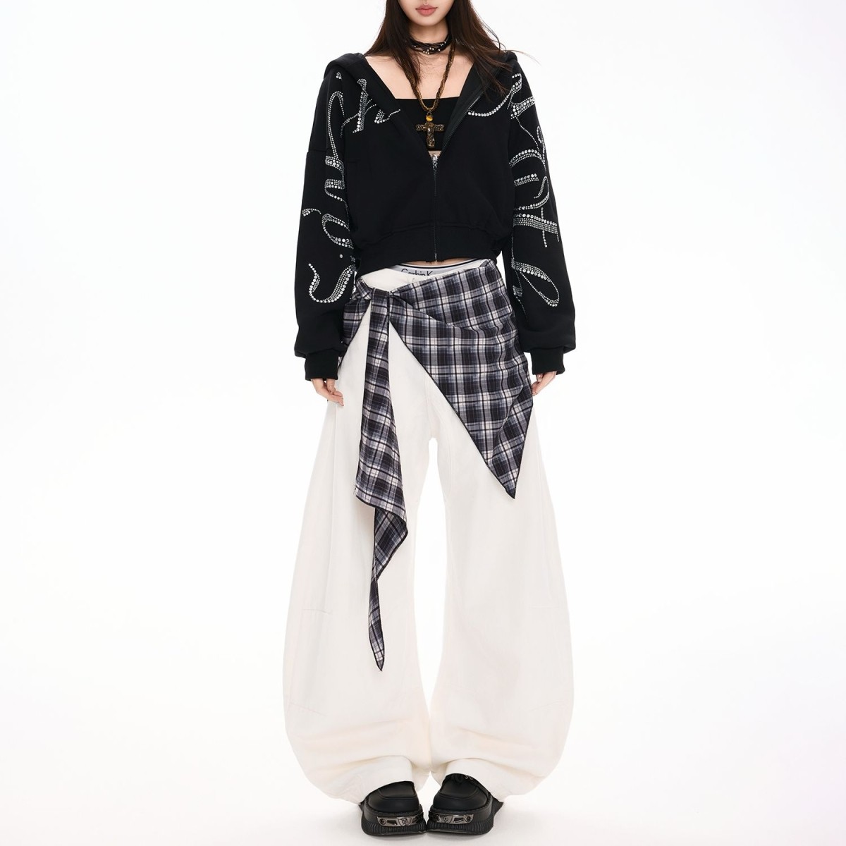 中性美式复古阔腿弯刀裤男女春新款设计感高腰直筒拖地屁帘牛仔裤