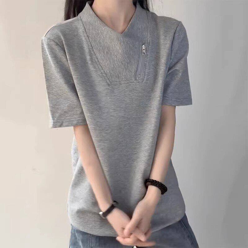 设计感斜拉链交叉领短袖t恤男夏季cleanfit纯色宽松百搭半袖上衣