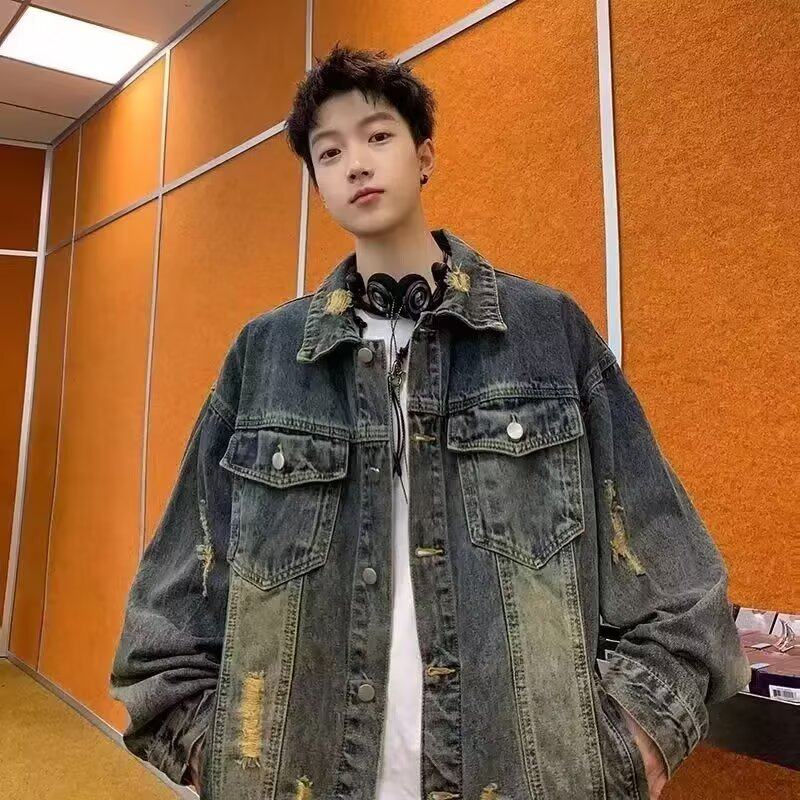 黄泥色破洞牛仔外套男春秋款潮牌痞帅高级感夹克美式复古潮流炸街