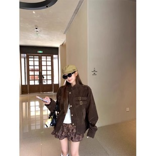 休闲气质上衣 宽松夹克开衫 美拉德咖色复古长袖 麂皮外套女秋冬美式