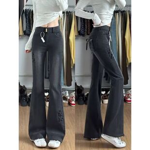 高个子加长复古蓝微喇牛仔裤女春季2025新款蝴蝶结高腰显瘦喇叭裤