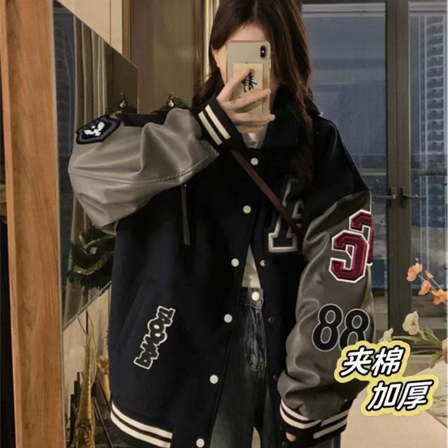 美式加厚夹棉棒球服外套男女潮牌秋冬季新款超火情侣夹克棉服上衣