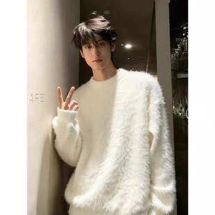 毛衣男女加厚圆领纯色针织衫 宽松套头情侣外套潮流 软糯慵懒风美式