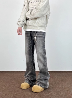 SWAG美式水洗猫须烟灰色显瘦cleanfit微喇牛仔裤高街修身直筒裤子