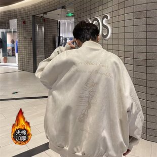 2023高级感超好看麂皮绒外套男春秋冬款美式冲锋衣玫印花瑰夹克