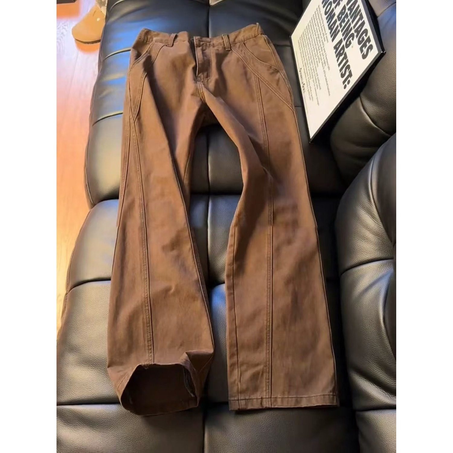 美式复古咖啡色斜切加绒牛仔裤男款美式高街潮牌弯刀裤直筒微喇裤