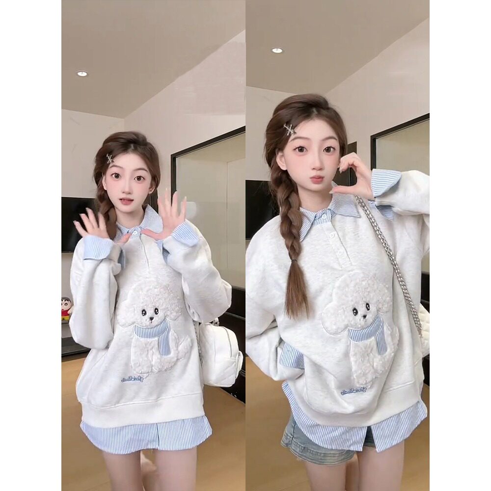 刺绣小狗假两件卫衣女拼接衬衫小众设计感宽松学院风无帽上衣春秋