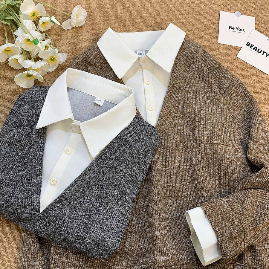 undercer假两件长袖T恤新款经典男V领休闲百搭汗衫潮流拼接上衣潮