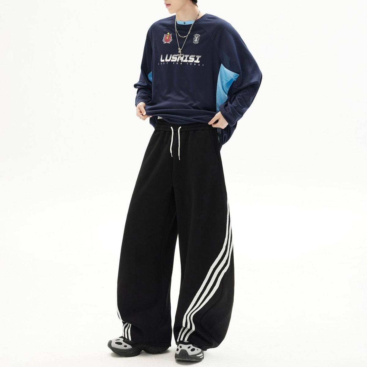 美式重磅撞色条纹卫裤男女秋季宽松垂感情侣休闲裤阔腿拖地长裤子,男装,休闲裤,淘宝优惠券,粉丝福利购,淘宝优惠卷