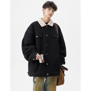 棉衣美式 保暖工装 复古夹克 冬季 羊羔绒翻领加绒加厚牛仔外套男女款
