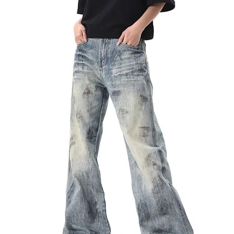 美式高街复古水洗蓝色脏脏牛仔裤男款痞帅宽松百搭直筒休闲长裤潮