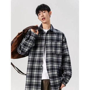 春秋冬季 男女长袖 宽松休闲情侣加绒加厚衬衣外套 复古格子衬衫 美式