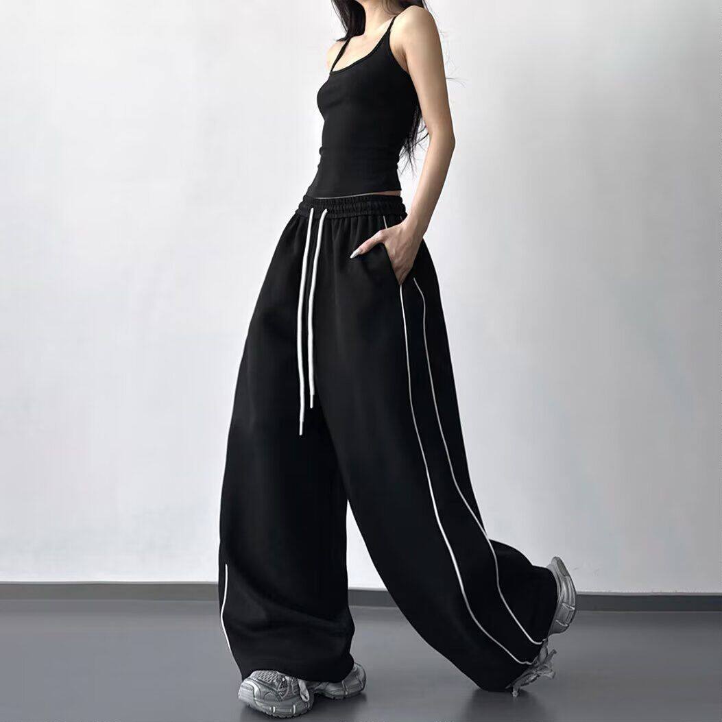 黑色阔腿裤女春秋季新款宽松显瘦抽绳运动裤垂感休闲慵懒风长裤子