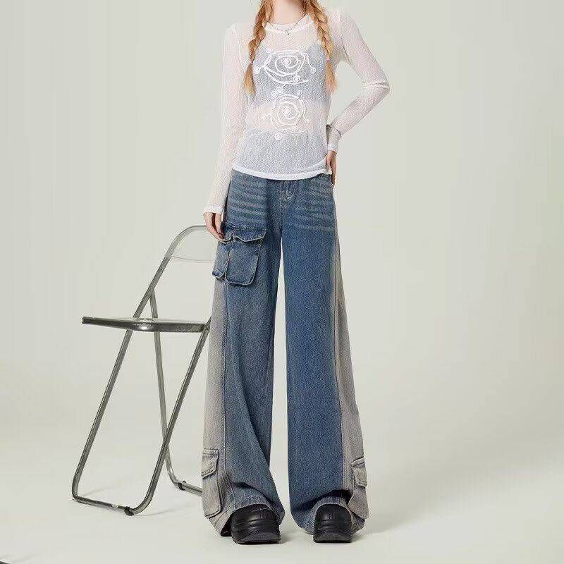 工装牛仔裤女春秋新款复古高街做旧高腰毛边直筒宽松阔腿长裤子潮