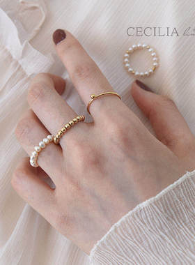 CECILIA叠戴天然珍珠14k包金戒指开口戒简约百搭关节排尾戒