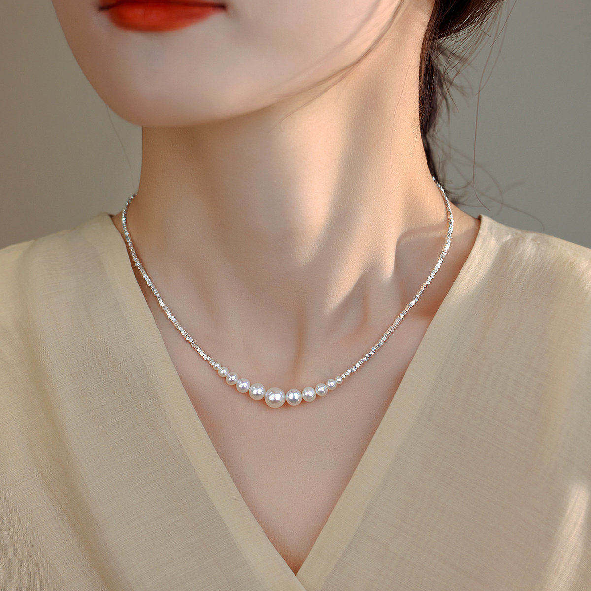 绝美！微笑珍珠小米珠项链碎银子S925纯银锁骨链轻奢高级感配礼服