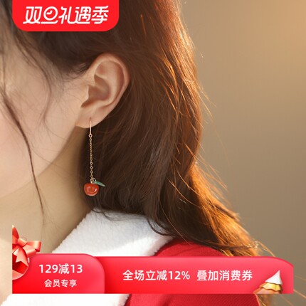赛赛莉安红苹果圣诞节平安夜玛瑙14K包金小众网红同款耳环耳夹