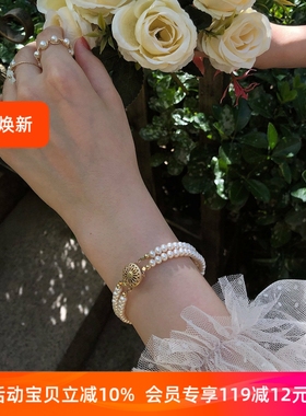 CECILIA法式复古花盘扣强光淡水珍珠14k包金手链手镯ins少女网红