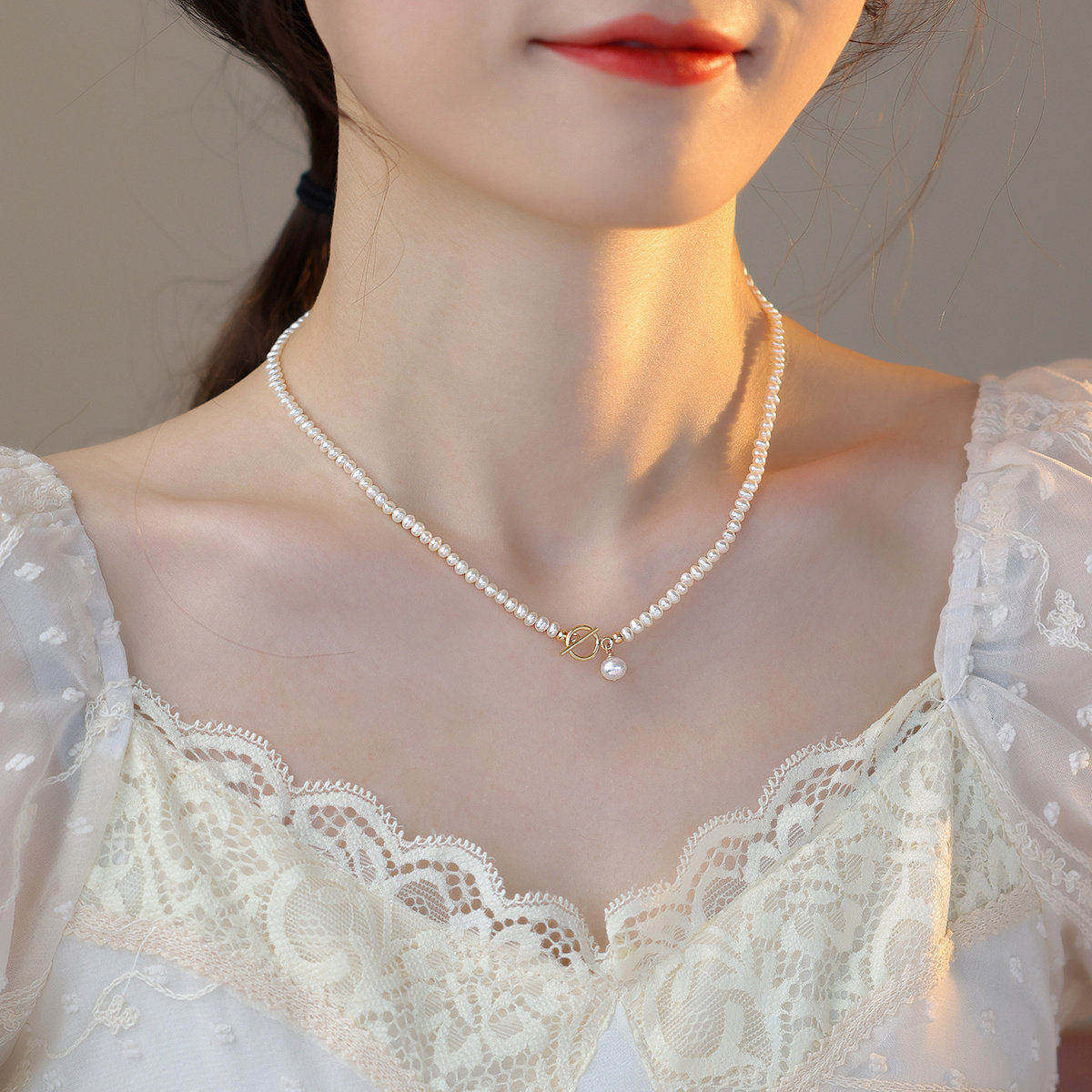 天鹅颈法式罕见极细迷你baby淡水珍珠复古14K包金OT扣锁骨项链女