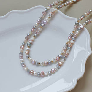 多巴胺少女心强光泽彩色巴洛克天然淡水珍珠14K包金叠戴气质项链