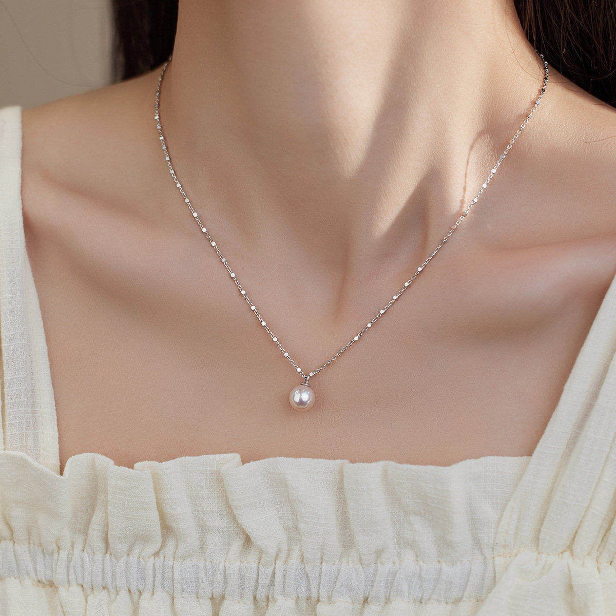 光泽感小灯泡单颗天然淡水小珍珠吊坠项链925纯银超闪锁骨链女