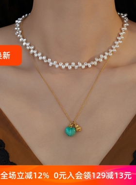 屁桃爱心仿绿松锁骨毛衣项链