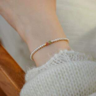 赛赛莉安原创设计和田玉红纹石baby淡水珍珠手链小众叠戴生日礼物