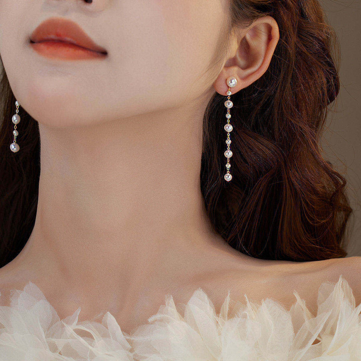 简约天然淡水珍珠流苏耳环14K包金法式气质耳坠无耳洞耳夹设计女