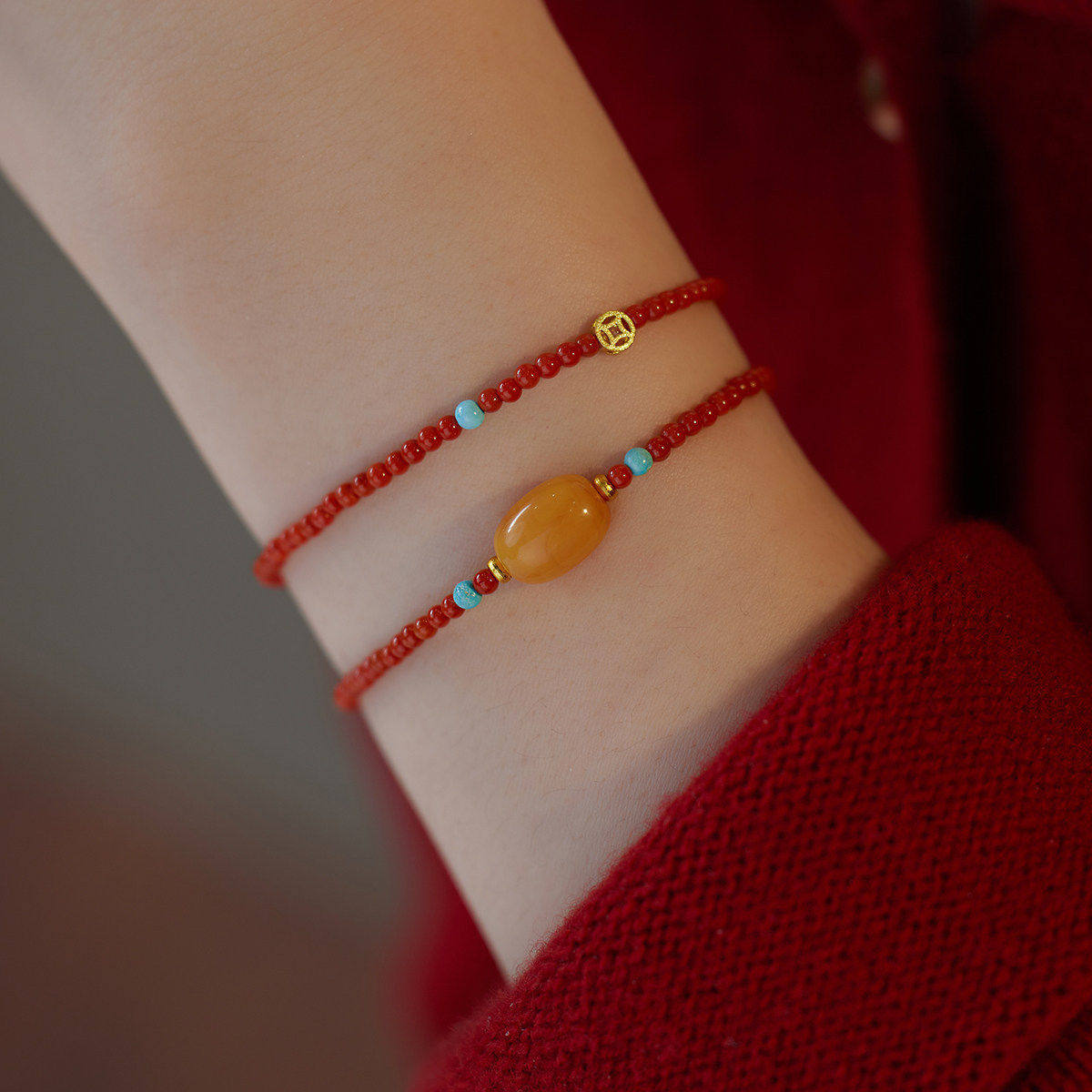 赛赛莉安新年氛围感南红蜜蜡绿松石新中式叠戴手链节日礼物气质女