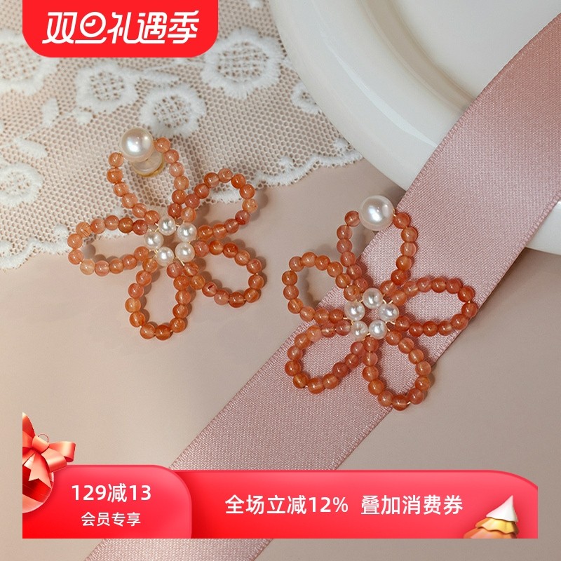 粉色玛瑙大花朵纯银耳环