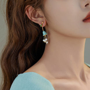 赛赛莉安绿松蓝铃兰花淡水珍珠耳环简约气质ins小众设计仙女网红